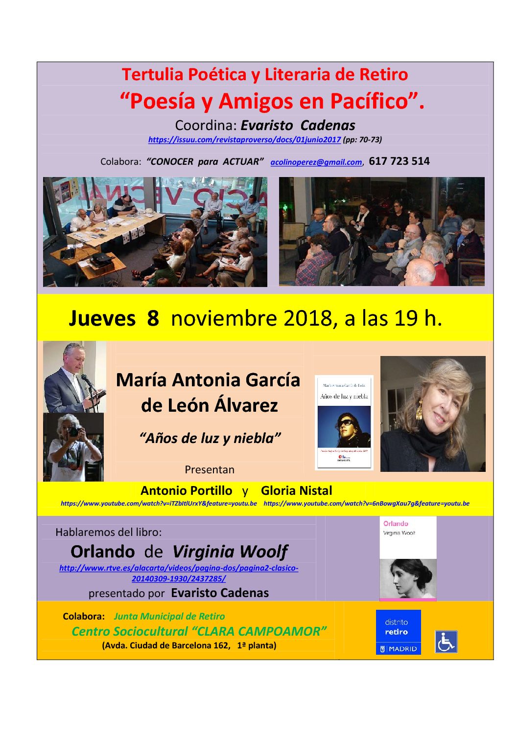 Tertulia Poética y Literaria de Retiro  “Poesía y Amigos en Pacífico” deMaría Antonia García  de León Álvarez (8 noviembre, 19 horas)